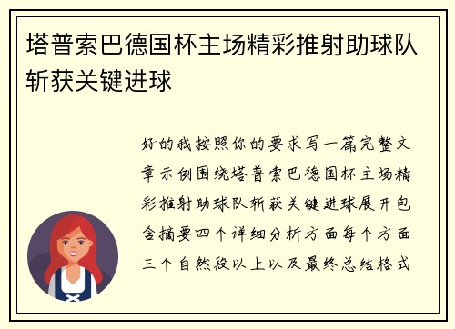塔普索巴德国杯主场精彩推射助球队斩获关键进球